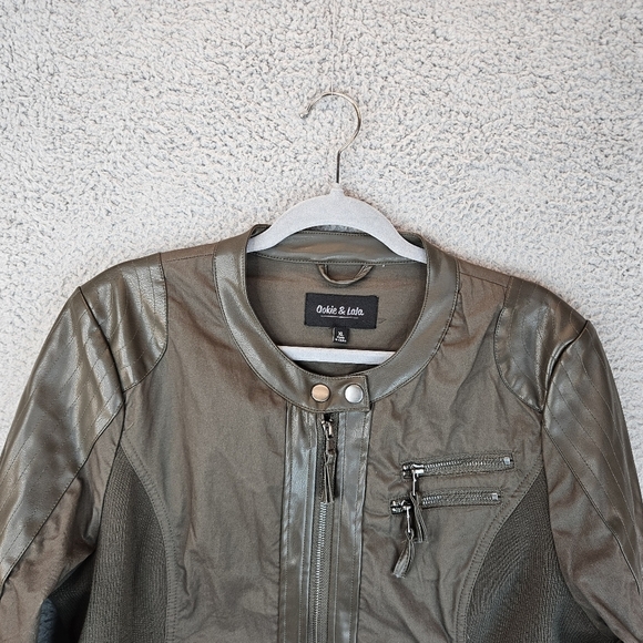 Ookie & Lala Womens Mixed Media Cotton & Brown Faux Leather Moto Jacket Sz XL - Picture 3 of 16